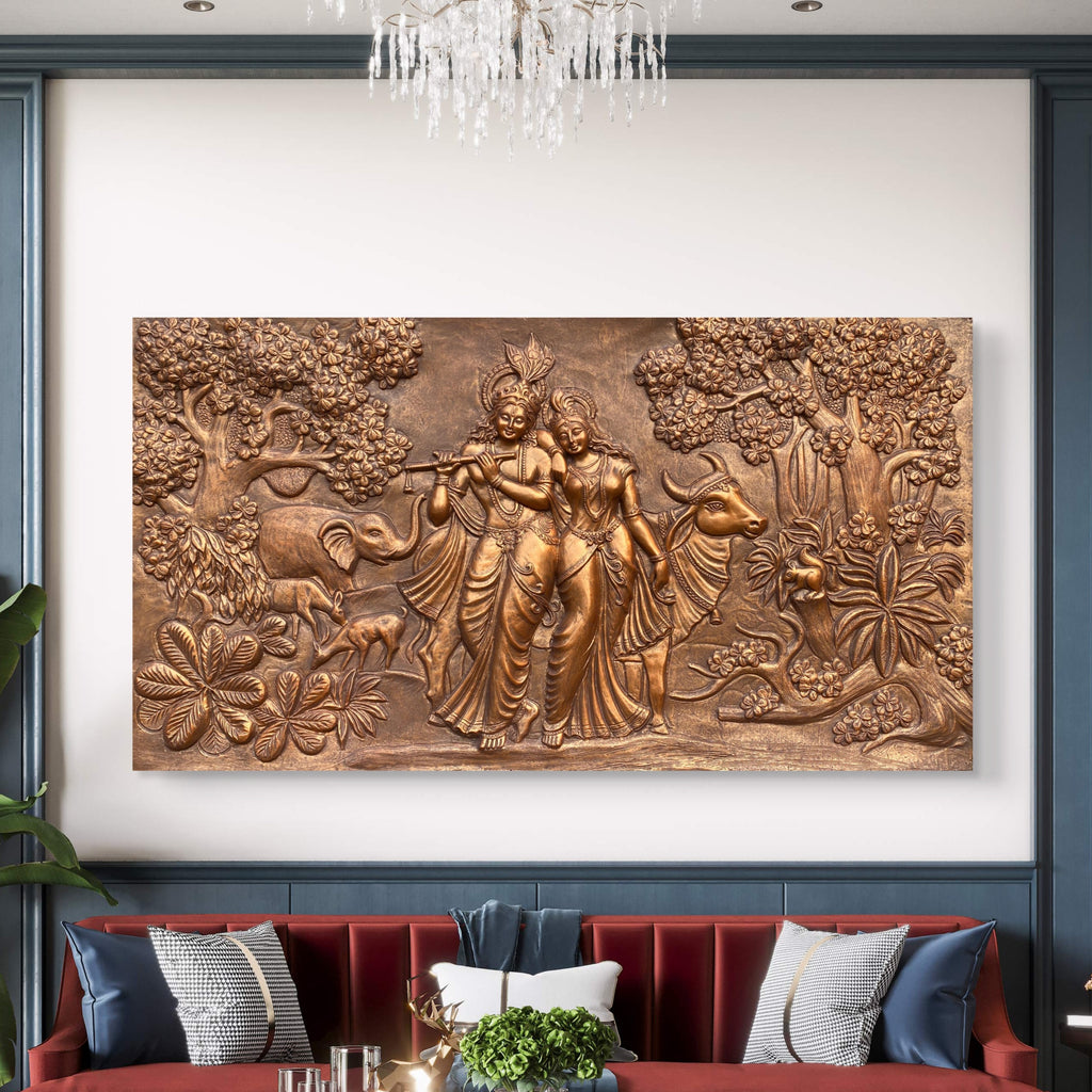 Bronze finish 7x4 feet Radha Krishna 3D relief mural, detailed handcrafted sculpture radiating devotion, grace, and eternal love.