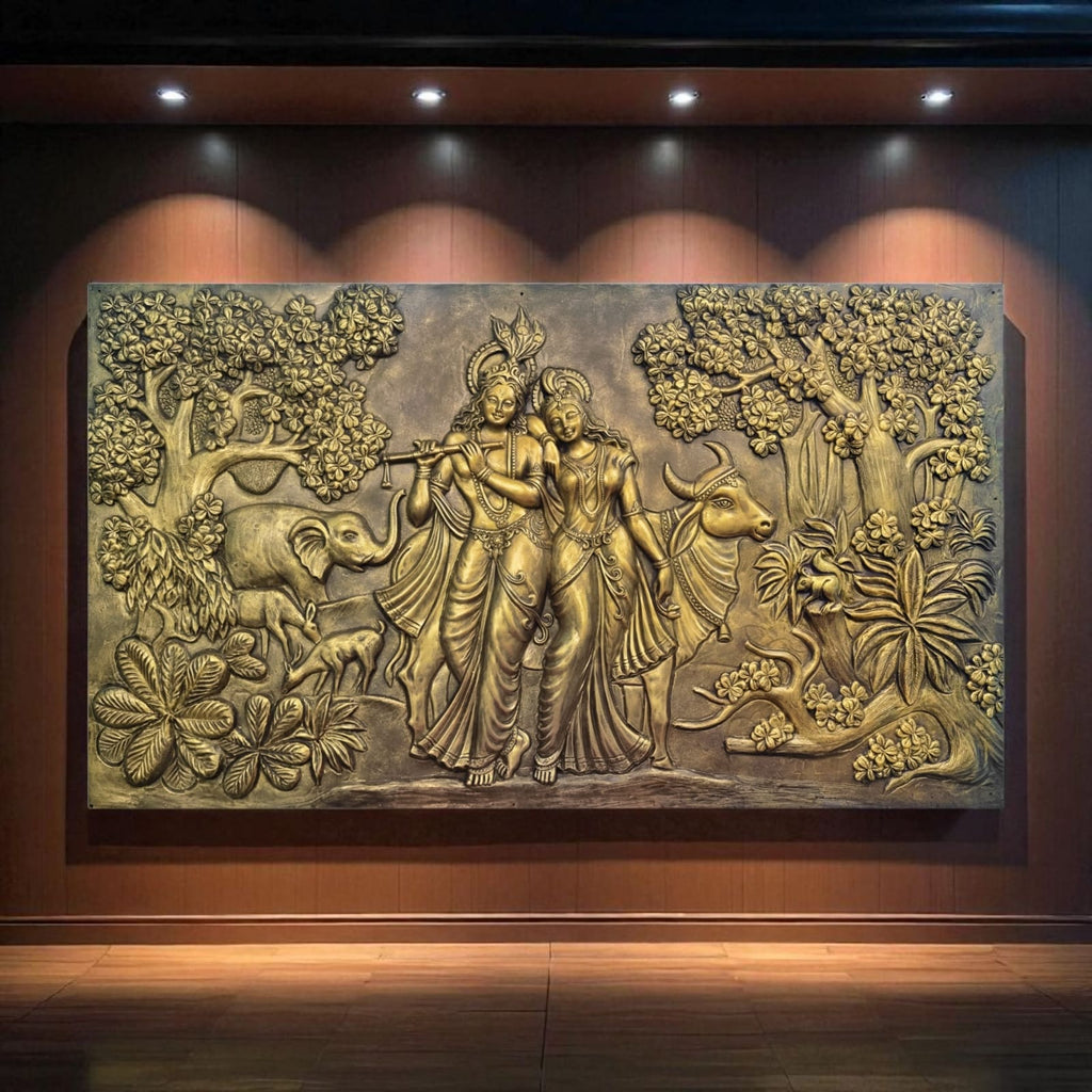 7x4 feet Radha Krishna 3D relief wall mural in gold finish, handcrafted premium wall art symbolizing divine love, peace, and harmony.