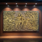 7x4 feet Radha Krishna 3D relief wall mural in gold finish, handcrafted premium wall art symbolizing divine love, peace, and harmony.