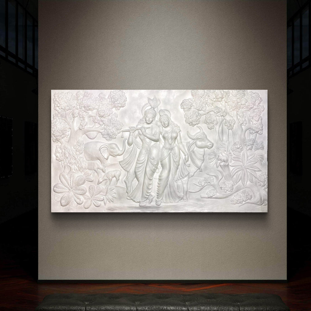 White finish 7x4 feet Radha Krishna 3D wall mural, elegant handcrafted relief artwork representing purity, serenity, and divine connection.