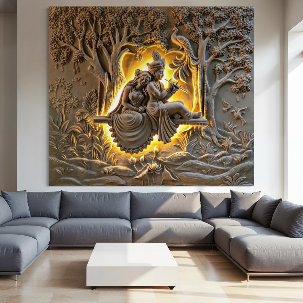 Radha Krishna 3D wall art displaying sculptural depth with natural light and shadow across the relief design.