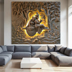 Radha Krishna 3D wall art displaying sculptural depth with natural light and shadow across the relief design.