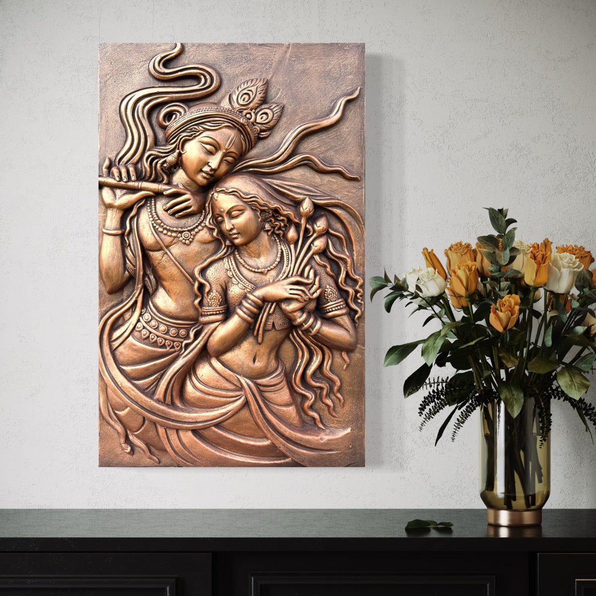 Full view of Radha Krishna 3D wall art sculpture designed for elegant spiritual wall décor