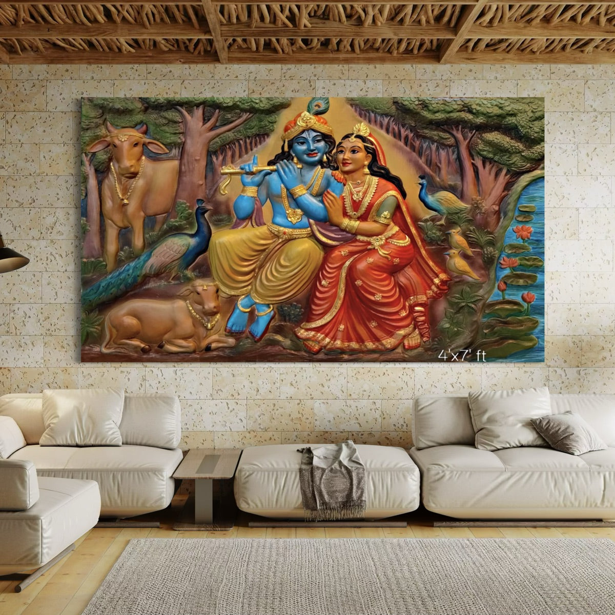 Full view of Radha Krishna 3D wall art sculpture featuring a detailed handcrafted devotional design with cows and peacock.