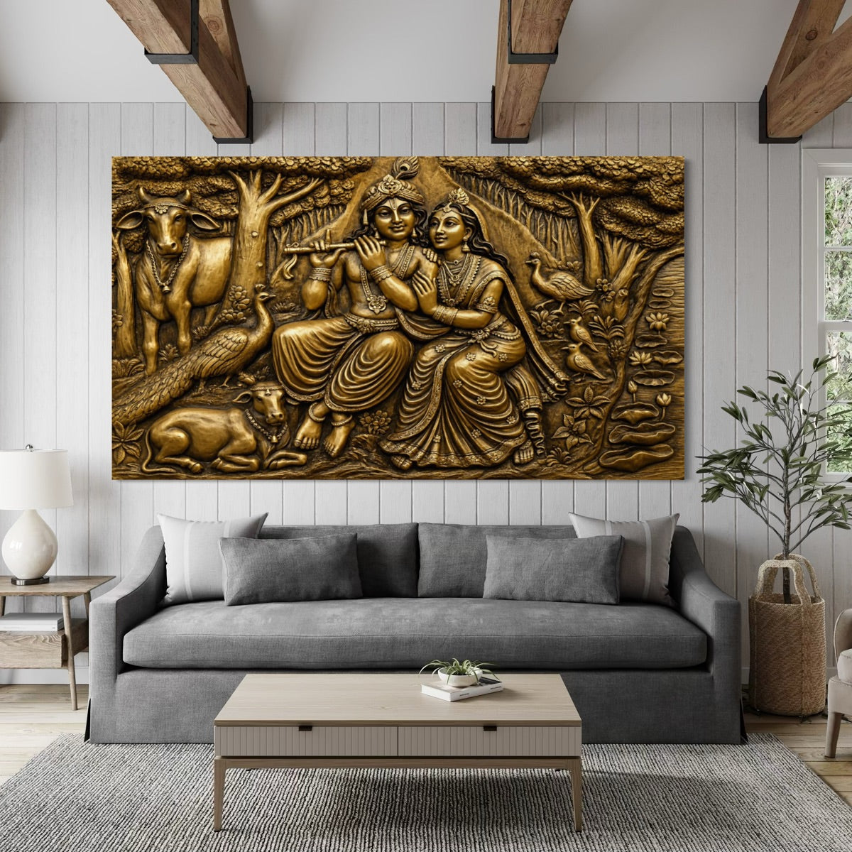 Close-up of Radha Krishna 3D wall art highlighting intricate sculpted figures, ornaments, cows, and peacock details.