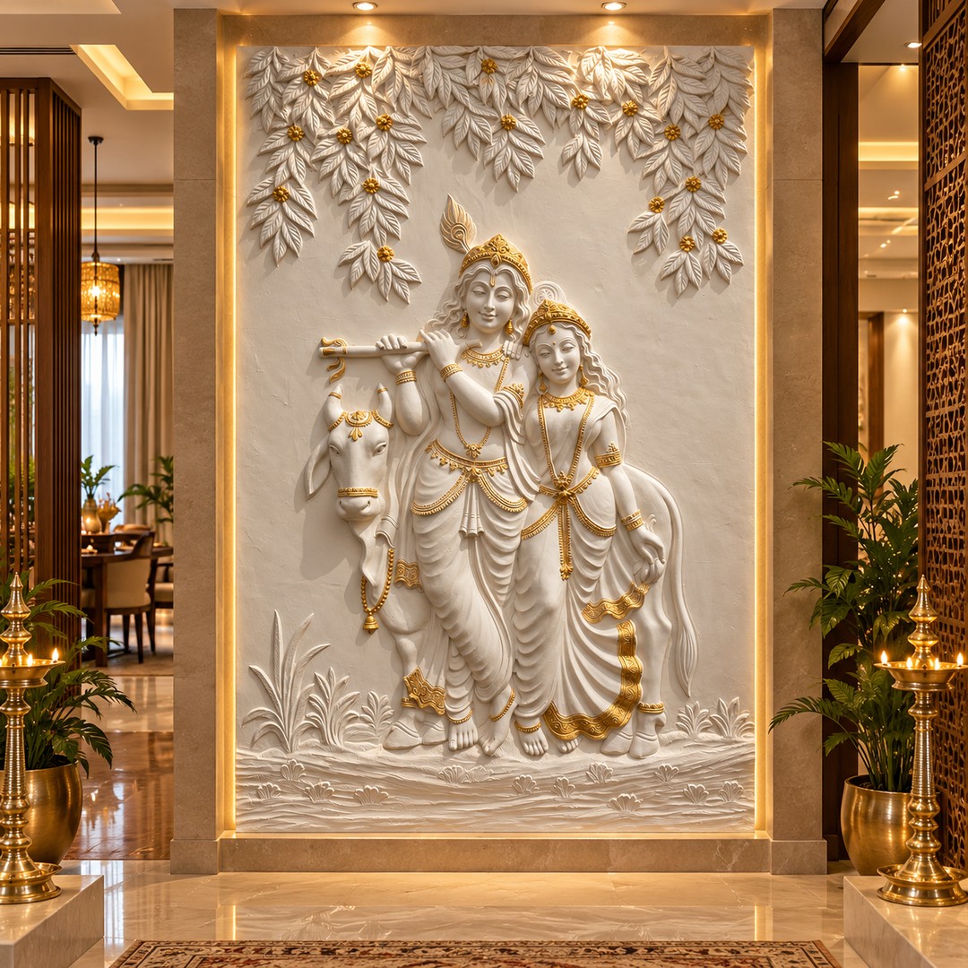 Close-up of Radha Krishna 3D relief wall art highlighting intricate sculpted details and craftsmanship