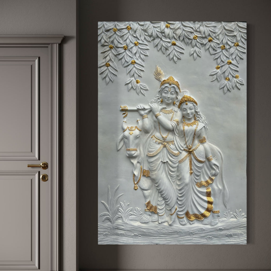 Close-up of Radha Krishna 3D relief wall art highlighting intricate sculpted details and craftsmanship.