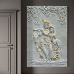 Close-up of Radha Krishna 3D relief wall art highlighting intricate sculpted details and craftsmanship.