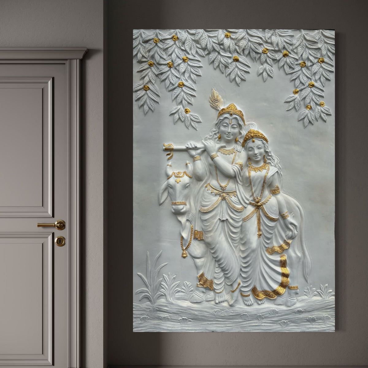 Close-up of Radha Krishna 3D relief wall art highlighting intricate sculpted details and craftsmanship.