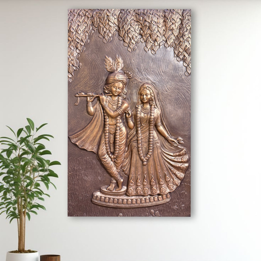radha krishna 3d wall mural handcrafted relief sculpture 5x3 ft in bronze and finish