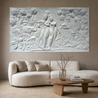 White finish Radha Krishna 3D wall sculpture, 7x4 feet handcrafted relief art for modern and spiritual home décor