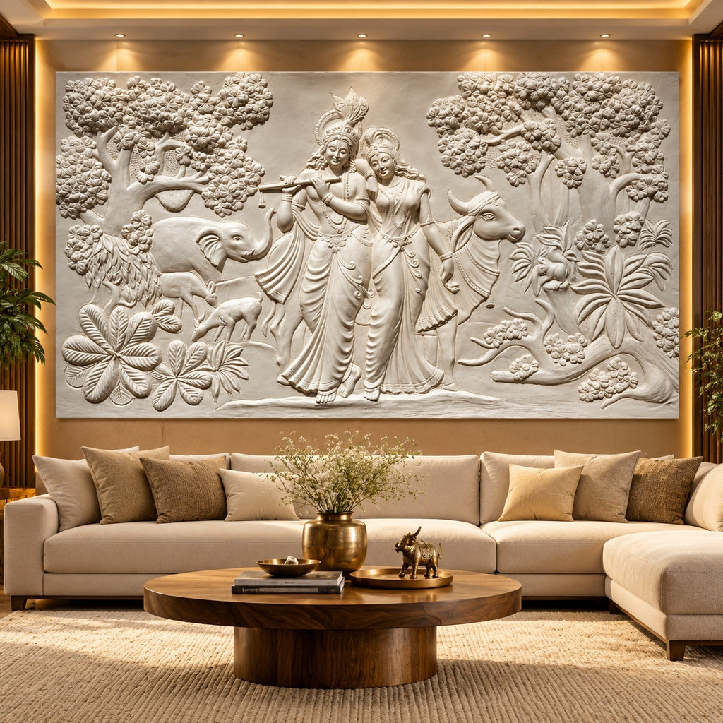 White finish Radha Krishna 3D wall sculpture, 7x4 feet handcrafted relief art for modern and spiritual home décor.