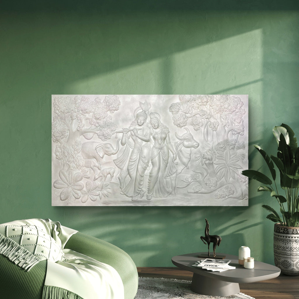 White finish Radha Krishna 3D wall sculpture, 7x4 feet handcrafted relief art for modern and spiritual home décor.