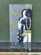Detailed texture of abstract Radha Krishna wall sculpture showing layered relief craftsmanship.