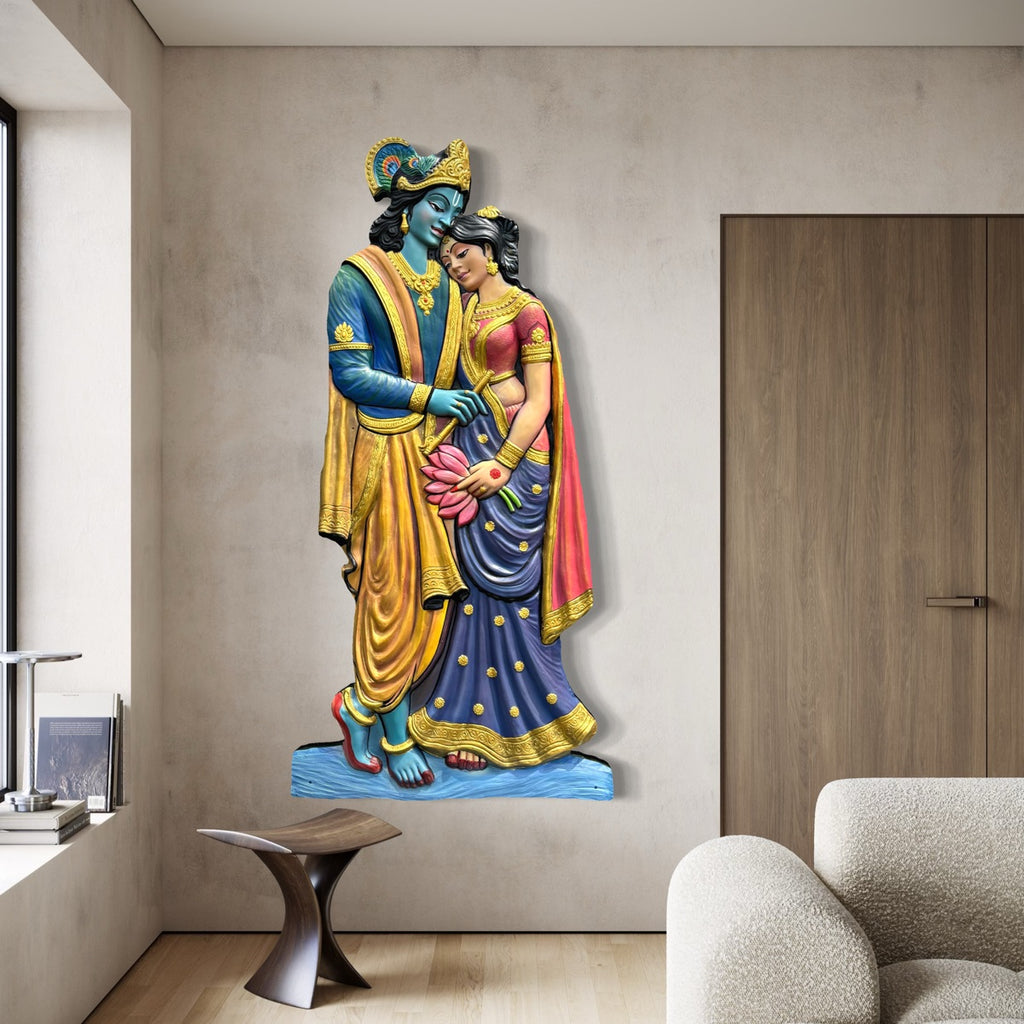 Close-up of Radha Krishna body cutout 3D wall art highlighting intricate sculpted details and craftsmanship.
