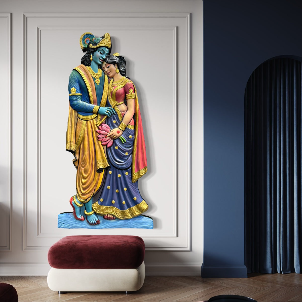 Full view of Radha Krishna body cutout 3D wall art sculpture with an elegant handcrafted devotional design.
