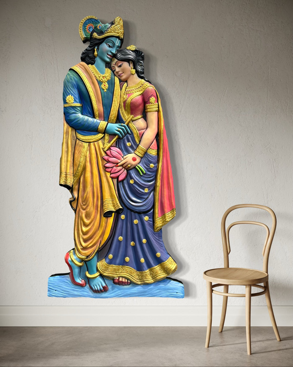 Detailed texture of Radha Krishna body cutout wall sculpture showing layered relief work and fine detailing.