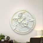 31x31 inches circular Radha Krishna mural in white with golden finish, featuring peacocks and intricate relief details for home décor.
