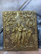 Detailed texture of Radha Krishna with cow wall mural showing layered relief work and fine detailing.