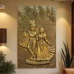 Detailed 5x3 feet Radha Krishna fiber mural wall art, capturing eternal grace and devotion in golden colour.