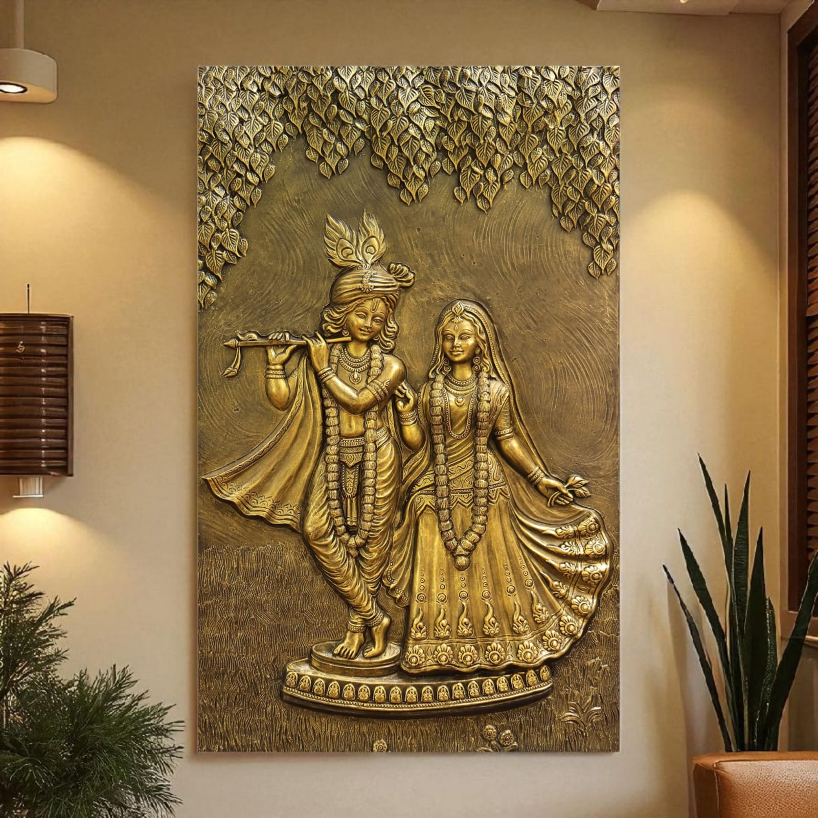 Detailed 5x3 feet Radha Krishna fiber mural wall art, capturing eternal grace and devotion in golden colour.