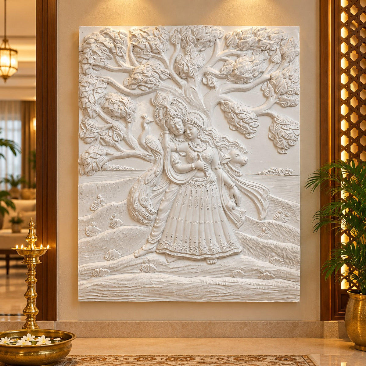 White Radha Krishna 3D mural, perfect for inspiring peace and romance in a home or office