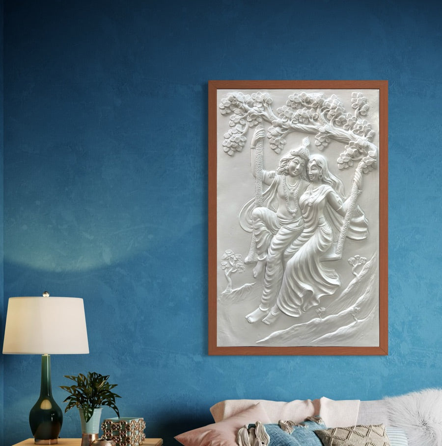 Close-up of Radha Krishna on swing 3D relief wall art highlighting intricate sculpted details