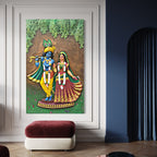 Multicolour Radha Krishna 3D wall mural displayed as spiritual décor in a home interior setting