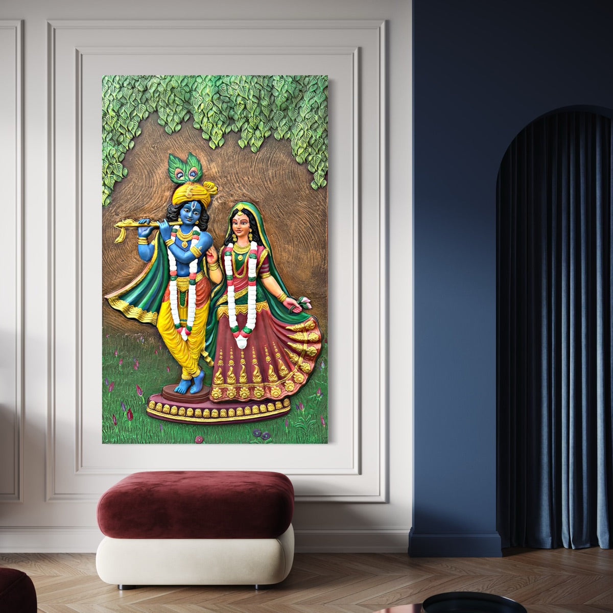 Multicolour Radha Krishna 3D wall mural displayed as spiritual décor in a home interior setting