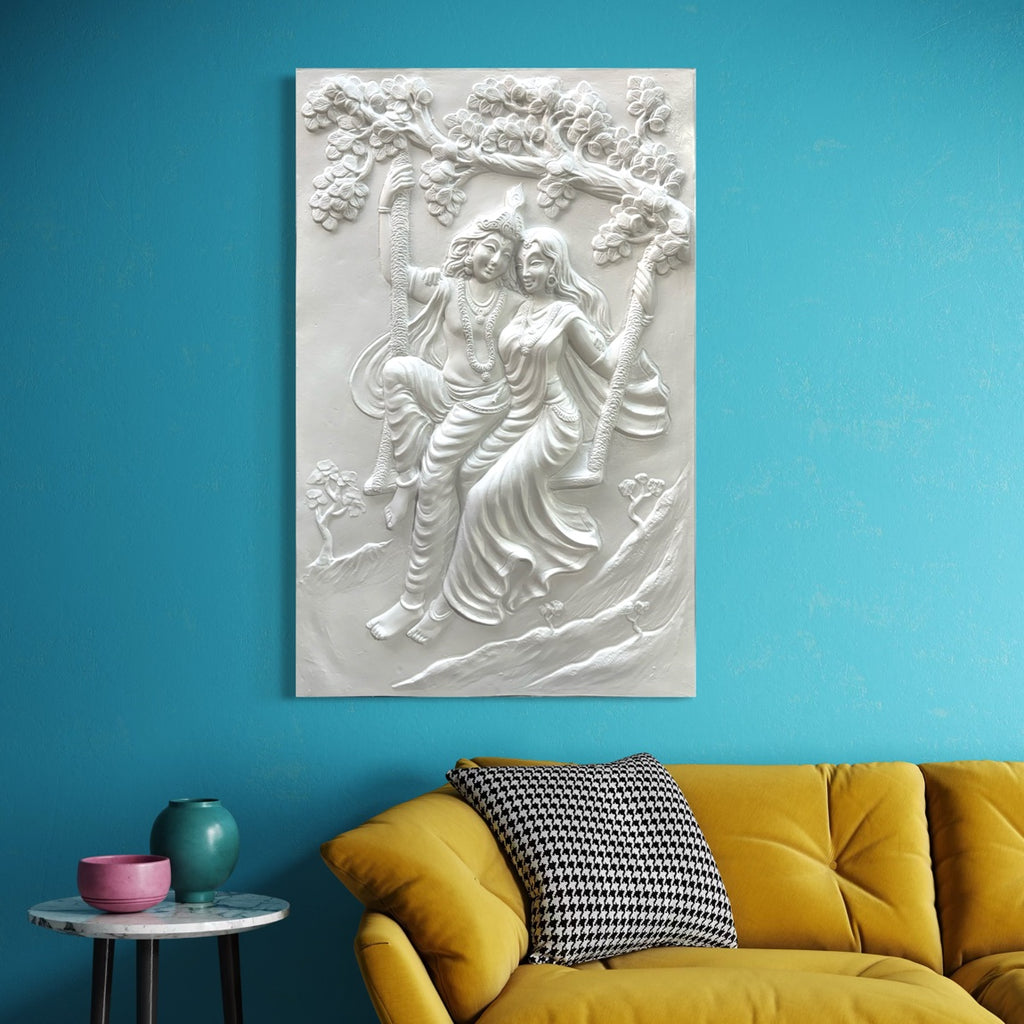 Full view of Radha Krishna swing 3D relief mural designed as spiritual and romantic wall art