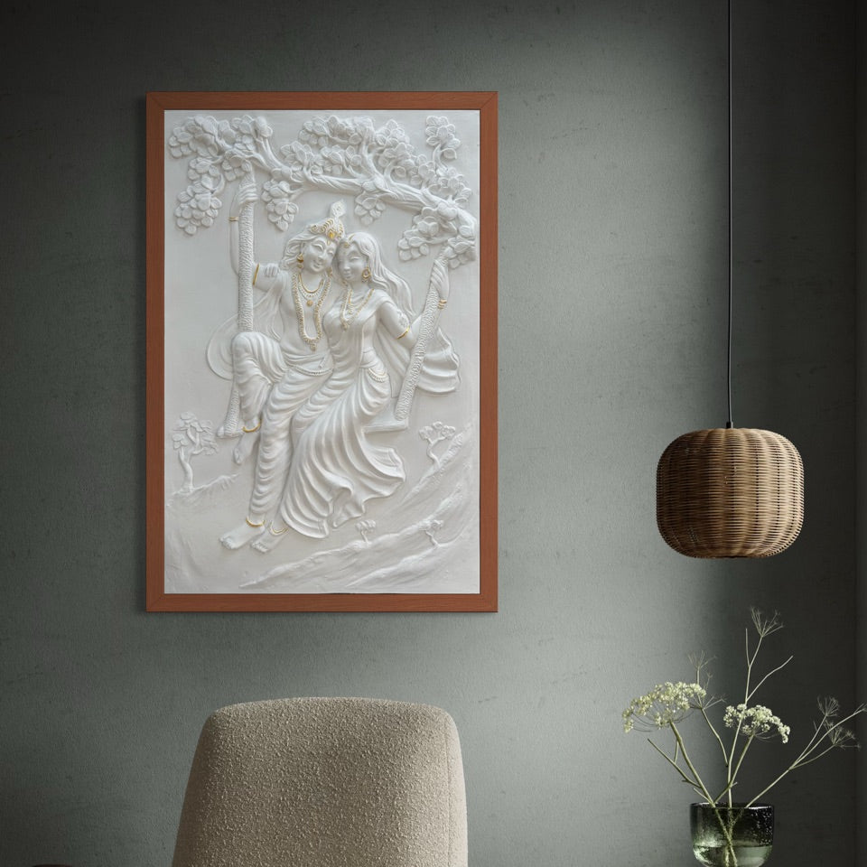 Radha Krishna swing 3D wall art displaying depth through light and shadow effects