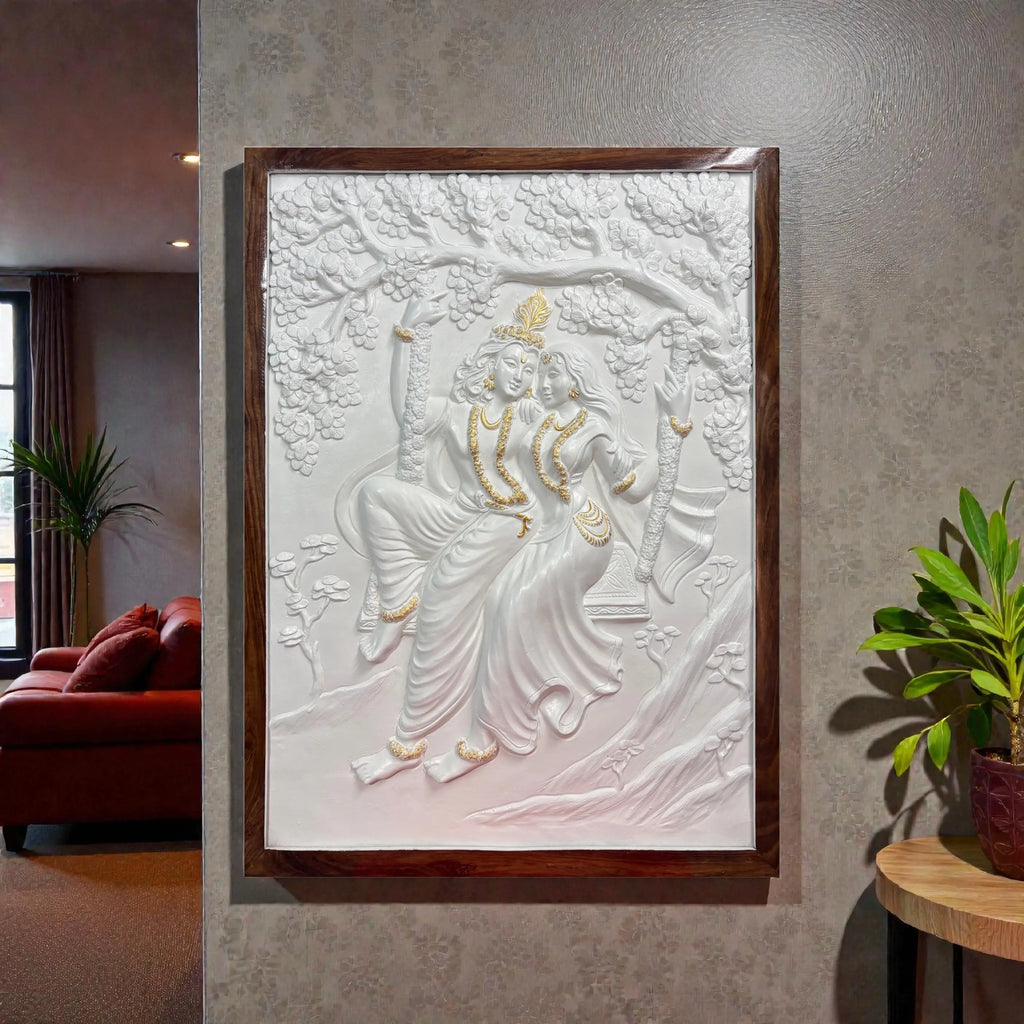 4x3 ft Radha Krishna Swing mural painting in white with golden highlights with wooden framed