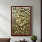 3x2 feet wall sculpture of Radha Krishna on a swing, a beautifully crafted mural for spiritual and romantic interiors.