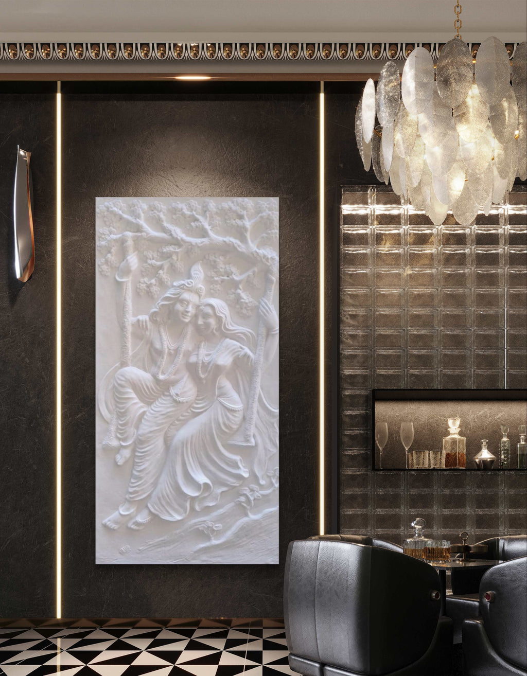 White finish 6x3 feet Radha Krishna swing wall hanging, unframed 3D relief mural radiating purity, harmony, and divine love.