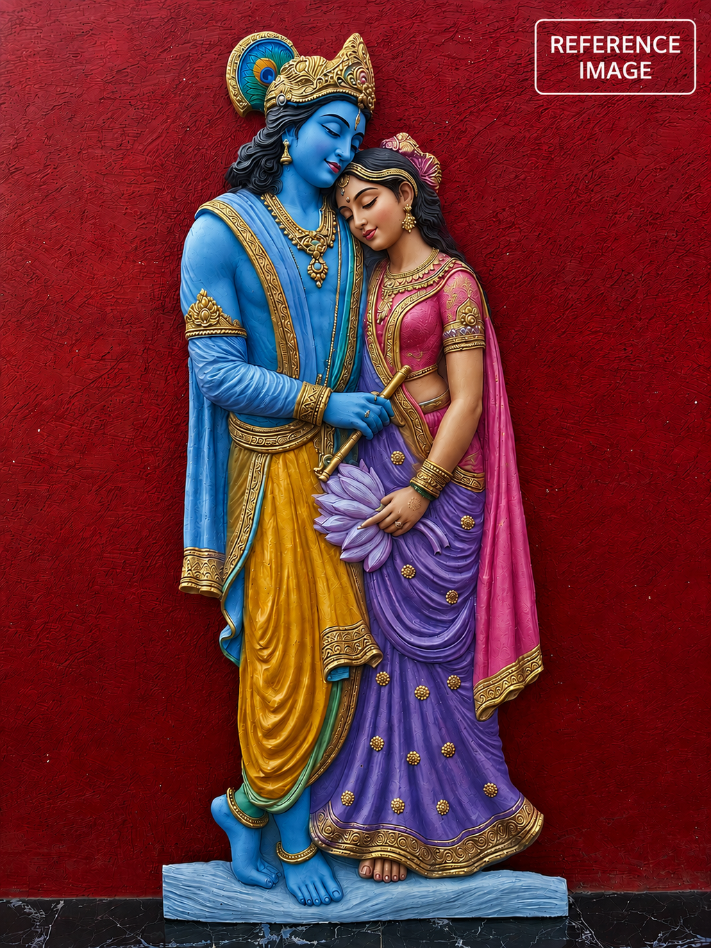 Detailed texture of Radha Krishna wall art showing layered relief craftsmanship and depth.