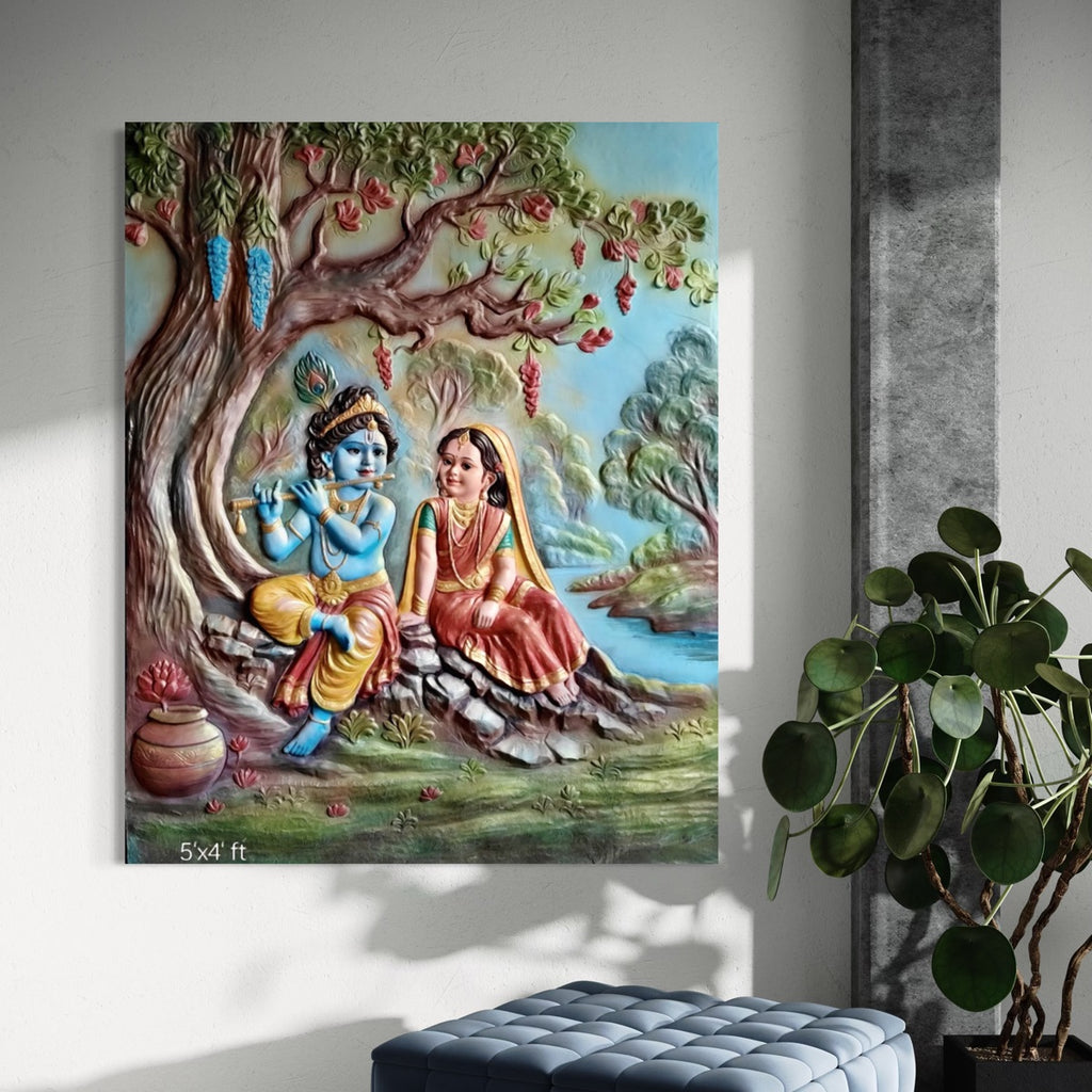 Detailed texture of Radha Krishna wall sculpture showing layered relief work and handcrafted surface detailing.