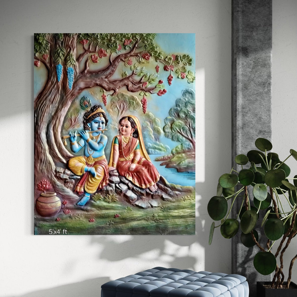 Detailed texture of Radha Krishna wall sculpture showing layered relief work and handcrafted surface detailing.