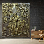 Radha Krishna with cow 3D wall art displaying sculptural depth through natural light and shadow effects.