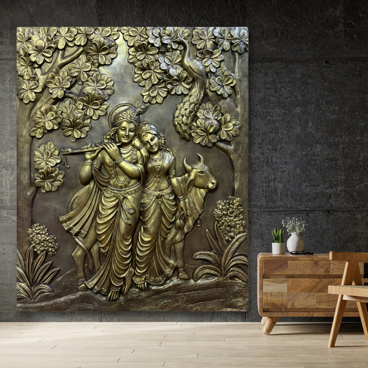 Radha Krishna with cow 3D wall art displaying sculptural depth through natural light and shadow effects.