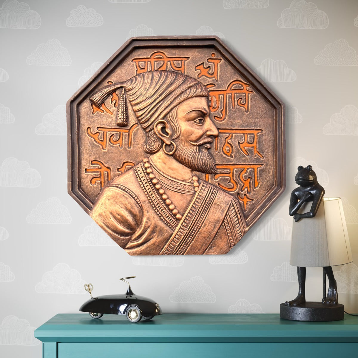 Full view of Rajmudra of Chhatrapati Shivaji Maharaj 3D wall art sculpture with detailed emblem design