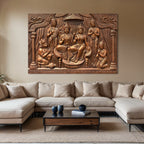 4x6 feet Ram Darbar 3D relief wall mural in bronze finish, handcrafted depiction of Lord Rama, Sita, Lakshman and Hanuman for divine home décor.