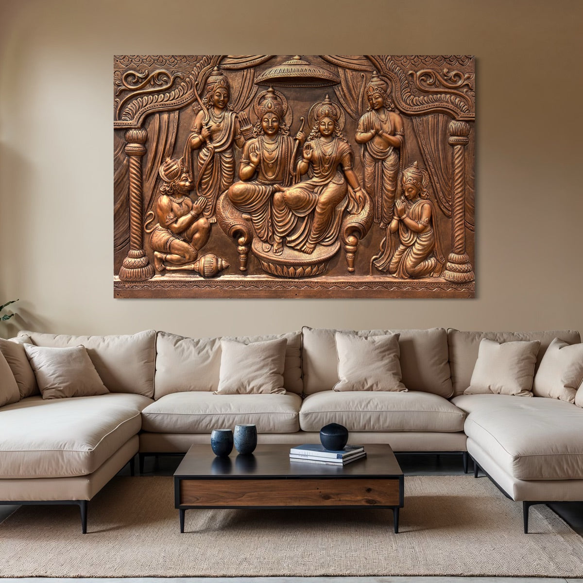 4x6 feet Ram Darbar 3D relief wall mural in bronze finish, handcrafted depiction of Lord Rama, Sita, Lakshman and Hanuman for divine home décor.