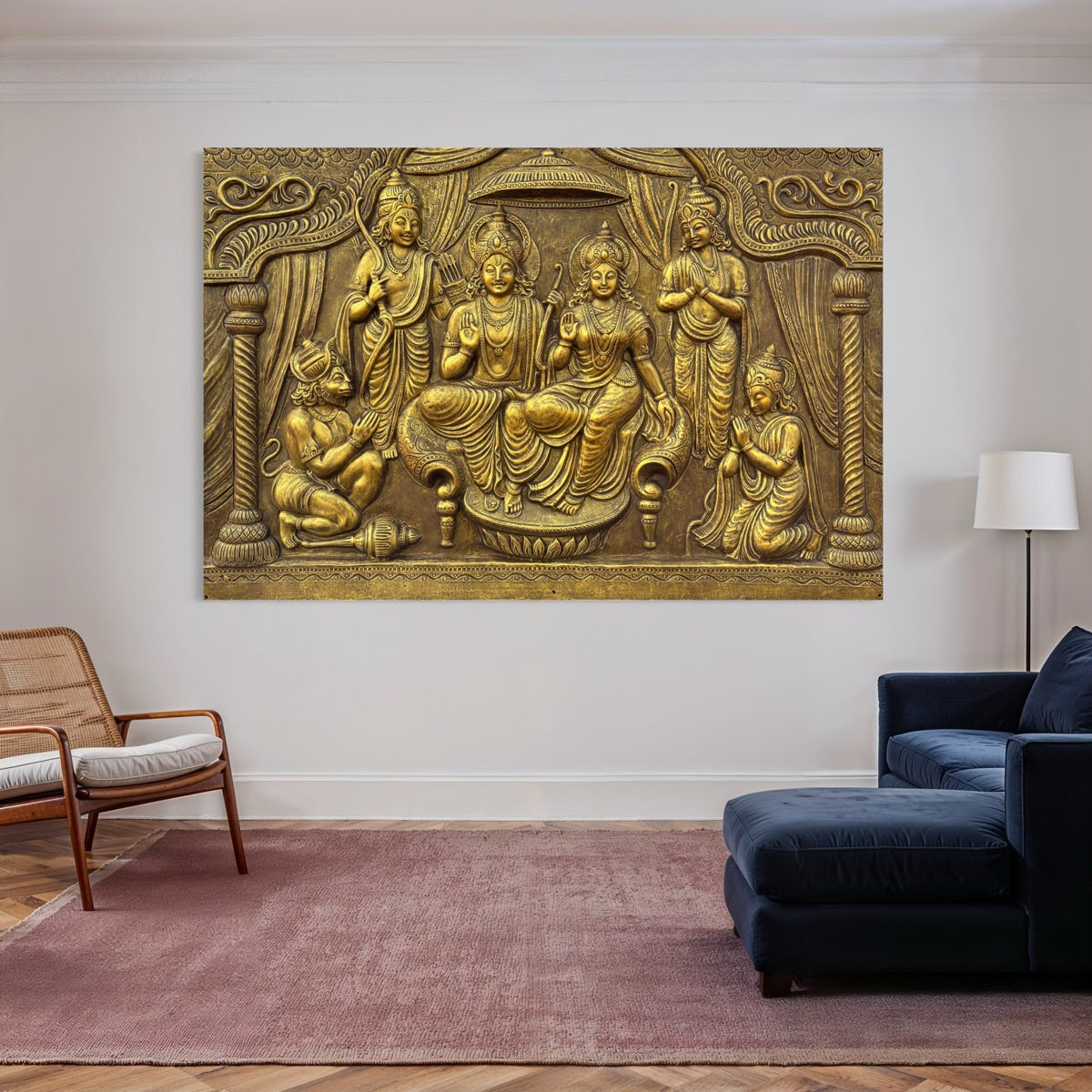 4x6 feet Ram Darbar 3D relief wall mural in golden finish, handcrafted depiction of Lord Rama, Sita, Lakshman and Hanuman for divine home décor.