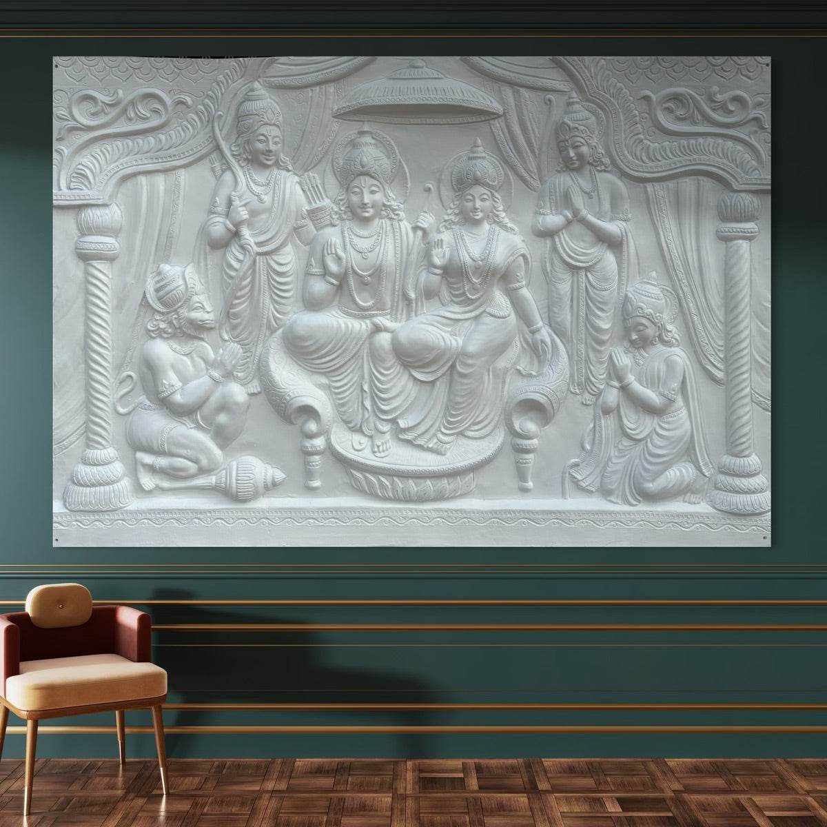 White finish 4x6 feet Ram Darbar 3D relief mural, detailed Hindu wall art showcasing Rama, Sita, Lakshman and Hanuman in a royal darbar scene.