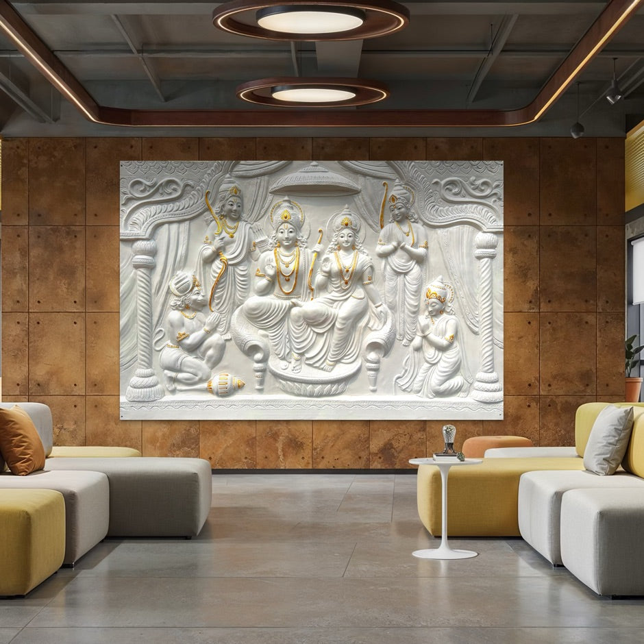 White with golden highlights finish 4x6 feet Ram Darbar 3D relief mural, detailed Hindu wall art showcasing Rama, Sita, Lakshman and Hanuman in a royal darbar scene.