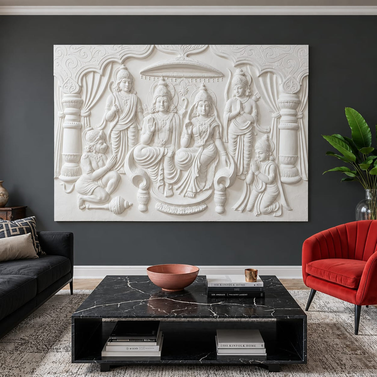 Ram Darbar 3D Wall Art Sculpture in White finish, full composition view, crown and jewellery relief detailing