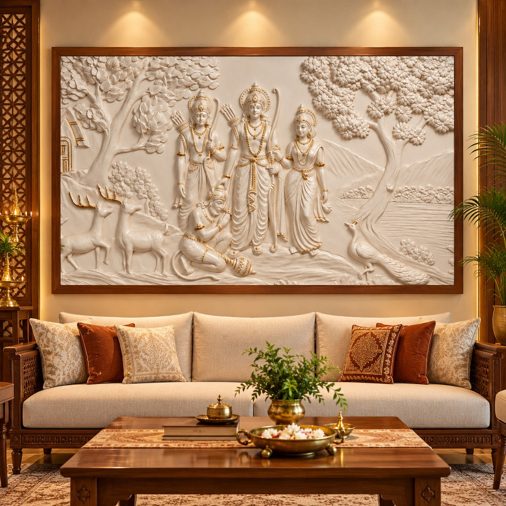Close-up of Ram and Sita Vanvas 3D relief wall art highlighting detailed sculpting and traditional elements