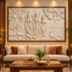 Close-up of Ram and Sita Vanvas 3D relief wall art highlighting detailed sculpting and traditional elements