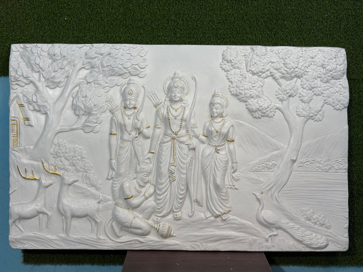 Detailed texture of Ram and Sita Vanvas wall sculpture showing layered relief work and fine craftsmanship.