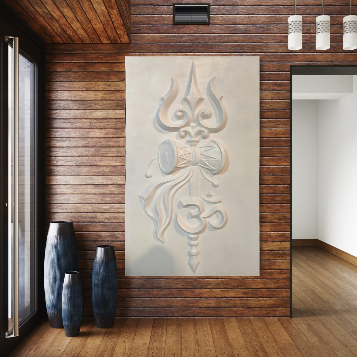 Trishul and Om 3D Wall Art Sculpture in White finish, full composition view, contemporary interior wall display.
